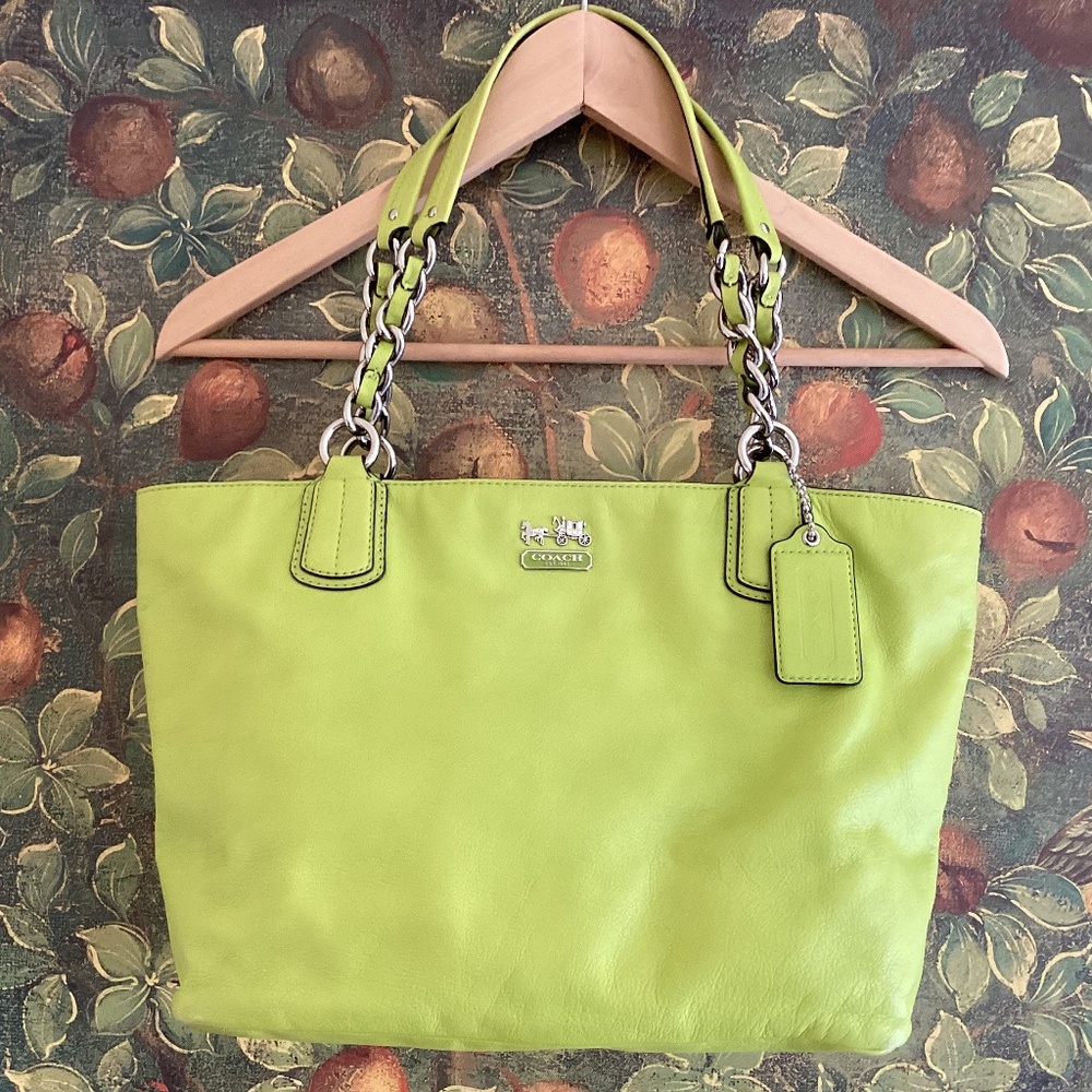 Coach Madison Leather and Chain Strap Tote/Shoulder Bag Kiwi Bright Green Color